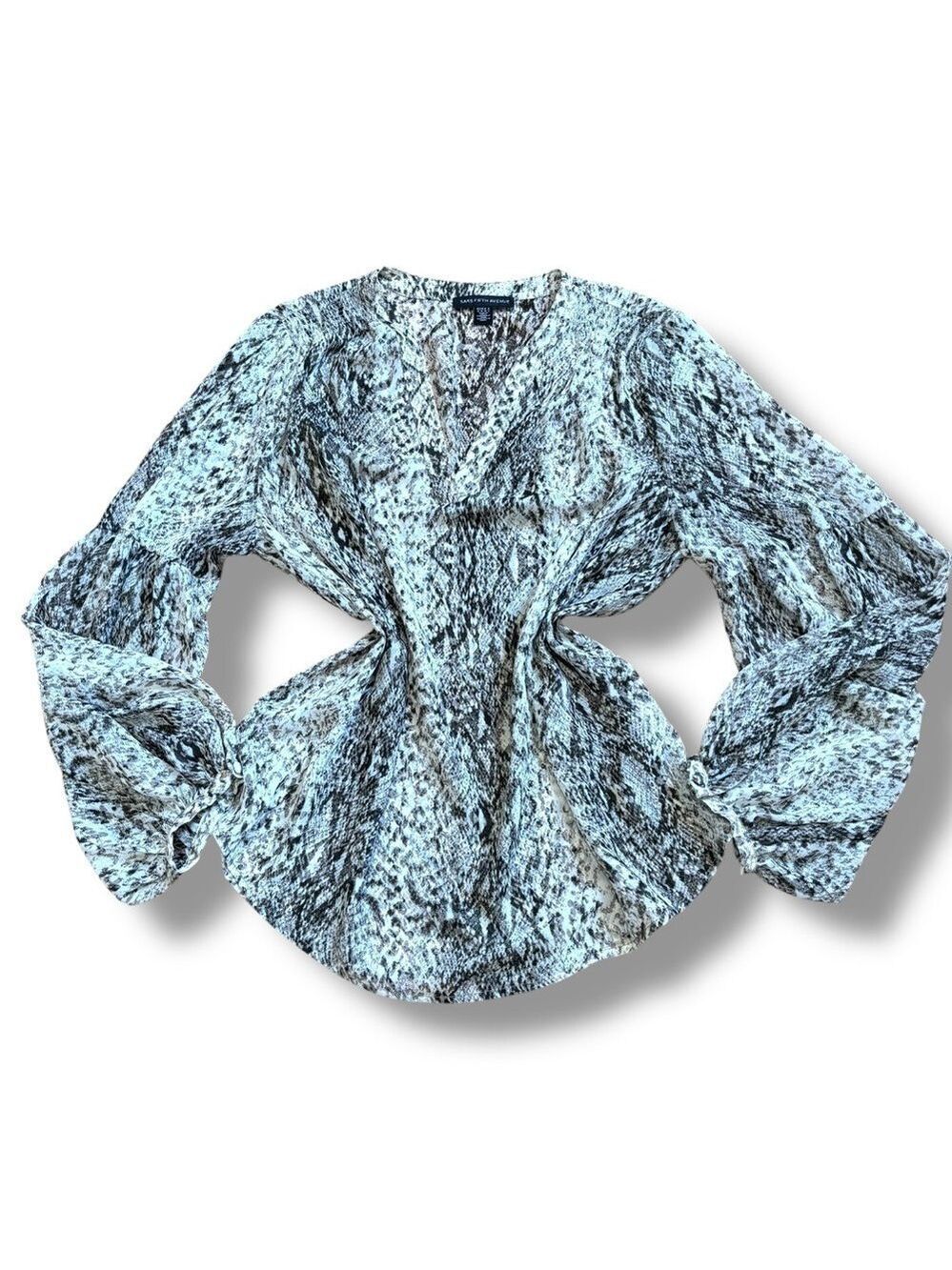 Saks Fifth Avenue Gray Semi Sheer Snake Print Balloon Sleeve Blouse - Medium